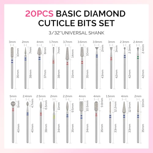 MelodySusie 20pcs Nail Drill Bits Diamond Cuticle Set Silver