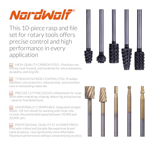 NordWolf 10-Piece Rotary Burr Rasp Files Set for Rotary Tools, with 1/8" Straight Shank for Wood Carving, Deburring, Shaping & Grooving in Storage Case - size: 1/8" Straight Shank (10 Pcs)