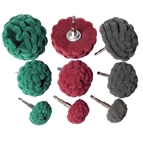 9PCS Scouring Pads Abrasive Buffing Polishing Wheel Drill Attachment Set, Non Woven Wheel Polishing Kit for Drill,Power Scrubber Drill Polishing Kit（Green red Gray 1/4” Shank