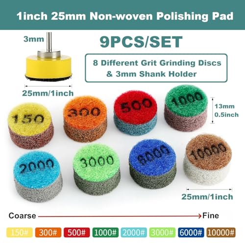1inch 25mm Mini Non-Woven Polishing Pad 9Pcs/Set, 8 Different Grit 150#-10000# Wet Grinding Discs & 3mm Shank Hook & Loop Backing Holder for Detail Fine Grinding - style: 3mm Shank & 8Pcs Pad