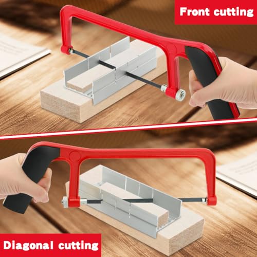 Mini Hacksaw with Miter Box, 6" Hand Saw Kit with 2 Spare Blades & Gloves - color: Red