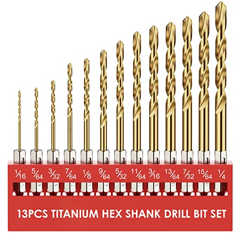13Pcs(1/16" - 1/4") Hex Shank Titanium Twist Drill Bit Set - size: 1/16" - 1/4" - 13pcs HSS
