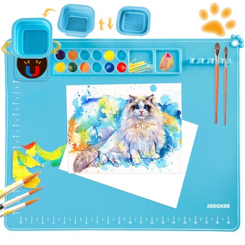 SHNOKER Silicone Craft Mat 21.7"x17.7" Super Large Silicone Painting Mat with 1 Magnetic Cup and Color Palette for Kids and Artist (Blue) - color: Blue