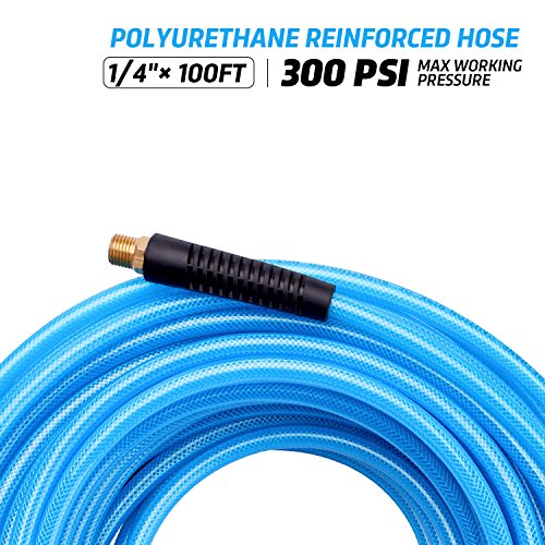 Reinforced Polyurethane (PU) Air Hose, 1/4"x100ft, 300 PSI, Air Compressor Hose With 1/4" MNPT Brass Endings - size: 100FT
