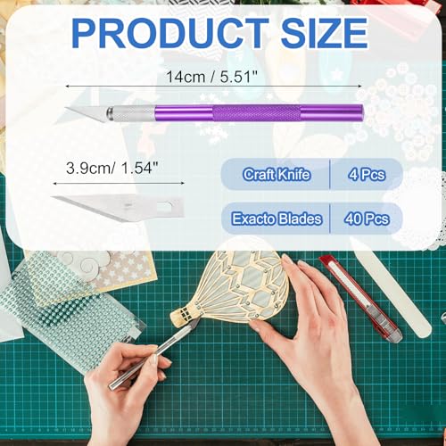 MECCANIXITY 4 Pcs Exacto Knife, Craft Hobby Knife with 40 Exacto Blades(#11) Profession Craft Knives for Crafting, Modeling, Scrapbooking (Purple) - color: Purple