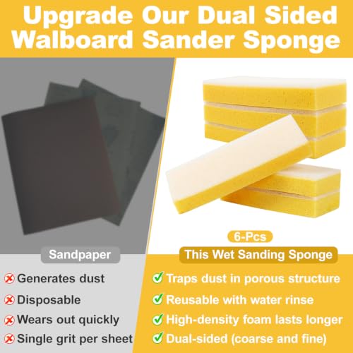 6Pcs Drywall Wet Sanding Sponge,9 '' Double Sided Drywall Finishing Sponge