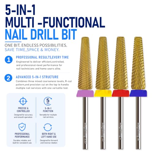 Medium 24mm Super Long 5-in-1 Nail Drill Bit, 3/32”, Two-Way Rotation - color: Gold-24mm Long, size: Medium