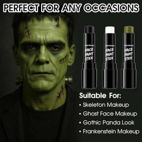 BADCOLOR 3PCS Black White Orge Green Face Body Paint Stick Makeup for Frankenstein/Witch/Grinch/Hulk/Alien/Demon/Evil Clown SFX Cosplay & Dress Up, Full-Coverage Halloween Facepaint Makeup Kit - color: 3PCS Frankenstein