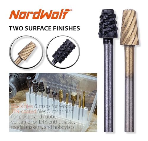 NordWolf 10-Piece Rotary Burr Rasp Files Set for Rotary Tools, with 1/8" Straight Shank for Wood Carving, Deburring, Shaping & Grooving in Storage Case - size: 1/8" Straight Shank (10 Pcs)