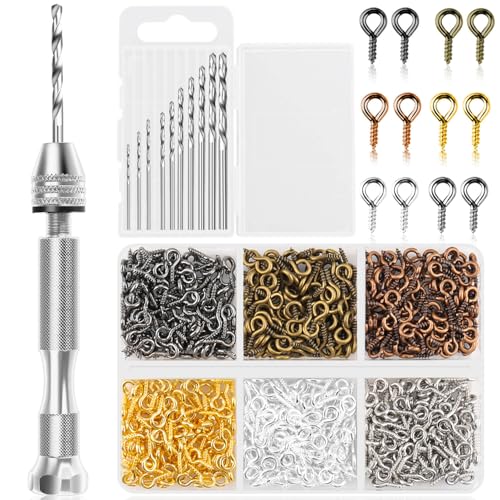 Shynek Pin Vise Hand Drill Set, Manual Hand Drill with 600PCS Small Screw Eye Hooks and 10 Different Sizes Drill Bits for Keychain, Jewelry Making and Crafts - color: 6 Colors