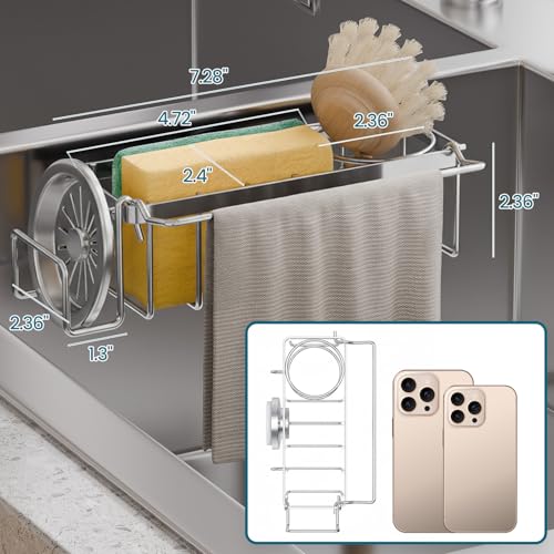 TAILI 4-in-1 Sponge Holder for Kitchen Sink with Strong Suction Cup-Silver - color: Silver, size: 7.28" x 2.36"