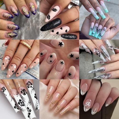 3D Nail Art Stickers Set, 30 Sheets Self-Adhesive Black White Gold Nail Decals Kit with Tweezers Star Heart Flower Letter Bow Design Supplies Accessories for Women DIY Manicure Decoration