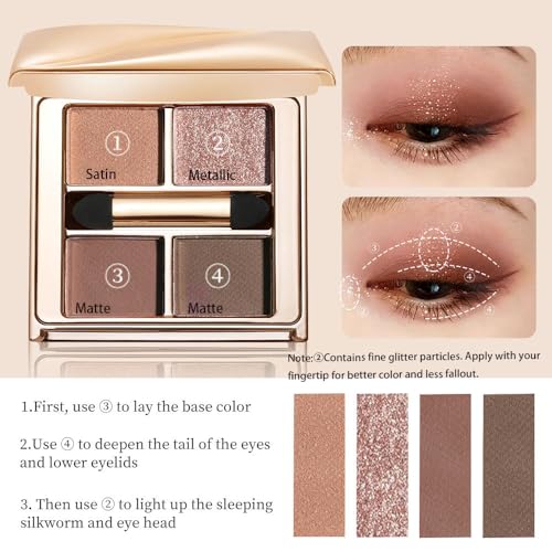 Warm Brown Nude Eyeshadow Palette – 4 Matte&Glitter High-Pigment Blendable Waterproof Long-Lasting Eye Shadow for Soft Glam, Everyday Natural Makeup&Brown Smokey Eye Looks, Paleta de Sombras de Ojos - color: B04