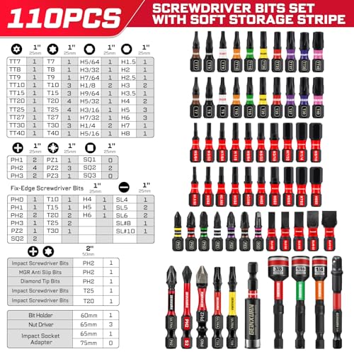 Geinxurn Impact Screwdriver Bits Set, 110 Pieces 1/2” Magnetic (PH/TORX/HEX/PZ/SQ/SL) S2 Steel Multi Power Insert Driver Bits and Socket Adapter, Nut Driver, Bit Holder with Colorful Organizer Sleeve - color: Multi-bita, size: 1''/2''-110PCS