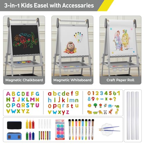 FUNLIO Anti-Warping Kids Art Easel, 3 Height Adjustable for Kids Aged 3-8, All-in-One Toddler Easel with Paper Roll & Erasable Frame, Standing Easel with Magnetic Chalkboard/Whiteboard (Gray) - style: Gray