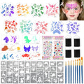 39PCS Face Paint Stencils Kit Includes 15 Reusable Facial Painting Stencils, 8 Sheets Tattoo Stencil Stickers, 10 Brushes, 2 Pack Adhesive Gems, 4 Sponge for Halloween Birthday Carnival Party Makeup - color: Party