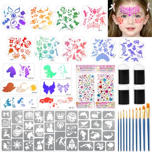 39PCS Face Paint Stencils Kit Includes 15 Reusable Facial Painting Stencils, 8 Sheets Tattoo Stencil Stickers, 10 Brushes, 2 Pack Adhesive Gems, 4 Sponge for Halloween Birthday Carnival Party Makeup - color: Party