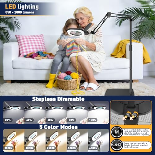 15X Real Glass Standing Magnifying Glass with Light and Stand, 3-in-1 Adjustable Magnifying Floor Lamp & Desk Lamp with Clamp, LED Dimmable Swing Arm Magnifier, Hands Free for Reading Crafts Repair