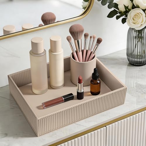 SITHON Valet Tray Desk Organizer PU Leather Catchall - color: Stripe Latte