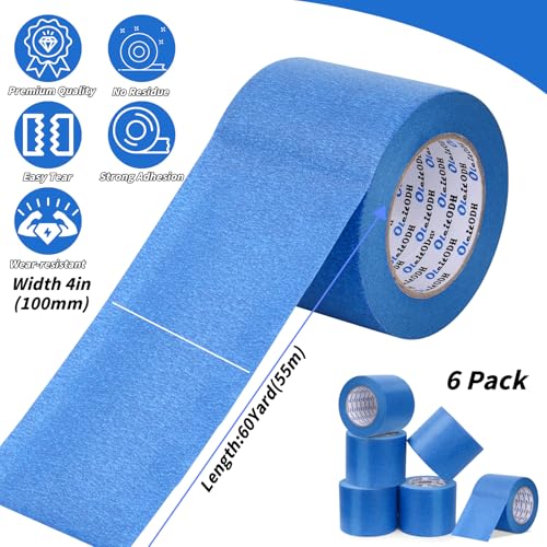 6 Rolls Blue Painters Tape 4 Inch x 60 Yards Wide Masking Tape Bulk - color: Blue, size: 4In x 60Y - 6Pack