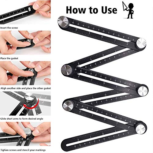 Multi Angle Measuring Ruler, 12-Sides Ruler Hole Locator Aluminum Alloy Universal Multi Angle Measuring Ruler Protractors, Adjustable Floor Tile Glass Woodworking Puncher - color: 12side