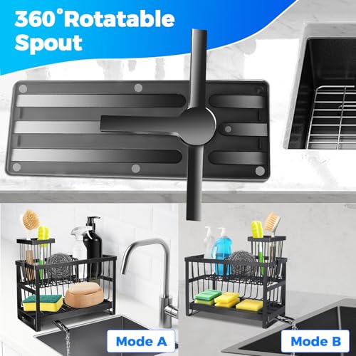 2-Tier Sink Sponge Caddy Organizer | Self Drain Sink Caddy with Dish Brush Holder | Non Toxic Kitchen Sink Accessories for Sponges, Brushes & Soap (Black) - color: Black