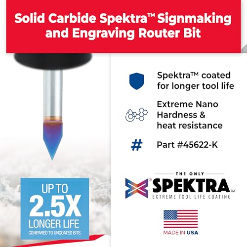 Amana Tool Spektra Extreme Tool Life Coated Solid Carbide Signmaking and Engraving Router Bit, 45622-K, 45 Degree Engraving 0.025 Tip Width x 1/4 Shank x 2 Inch Long - size: 45622-K