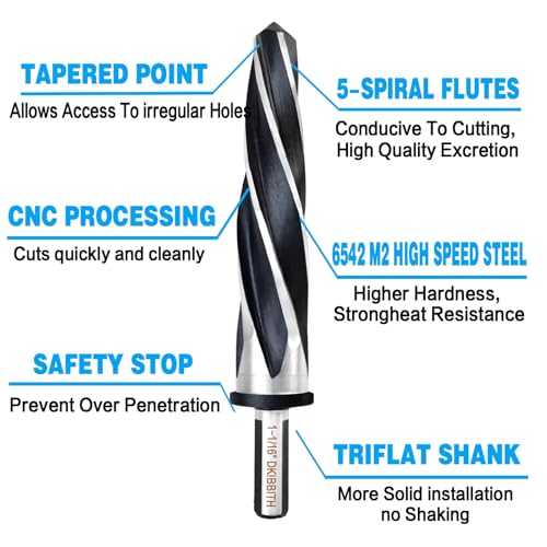DKIBBITH 1-1/16" Bridge Construction Reamer Drill Bit, M2 HSS Taper Chucking Reamer for Steel Alloy Metal Wood Plastic, 1/2" Non-Slip Shank, 5-Spiral Flutes Car Reamer, to Align or Enlarge Holes, 27mm - size: 1-1/16"