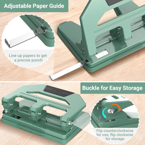 AFMAT HPX4 Heavy Duty 3 Hole Puncher, 50-Sheet Paper Punch Heavy Duty, 50% Reduced Effort Three Hole Punch, 10K+ Uses, Metal Hole Puncher 3 Ring w/Large Tray, Bulit-in S.S. Paper Guide (Green) - color: Green, size: 50-Sheet Capacity