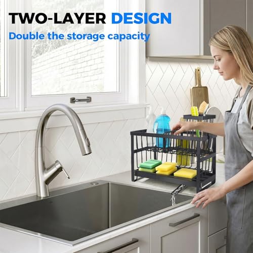 2-Tier Sink Sponge Caddy Organizer | Self Drain Sink Caddy with Dish Brush Holder | Non Toxic Kitchen Sink Accessories for Sponges, Brushes & Soap (Black) - color: Black