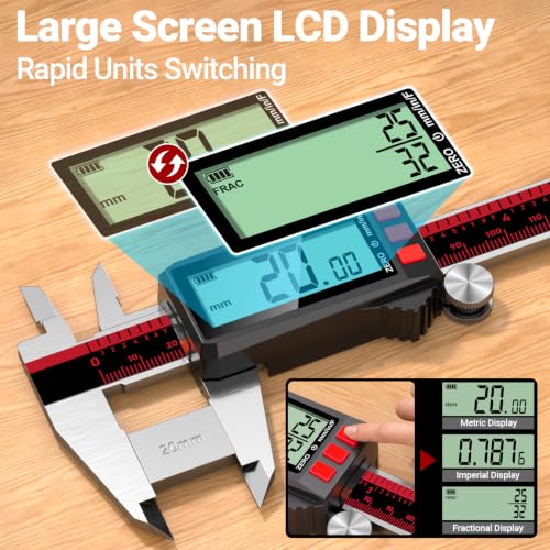 Digital Caliper 8 Inch, Rechargeable Calipers with LCD Screen, Inch/MM/Fraction, Stainless Steel Vernier Caliper Measuring Tool for DIY, Household, Jewelers Tools, 3D Printer - size: 8 Inch