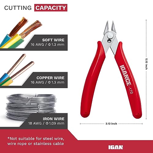 IGAN-170 Wire Cutters, Precision Electronics Flush Cutter, One of the Strongest and Sharpest Side Cutting pliers with an Opening Spring, Ideal for Ultra-fine Cutting Needs. - size: Pack 1