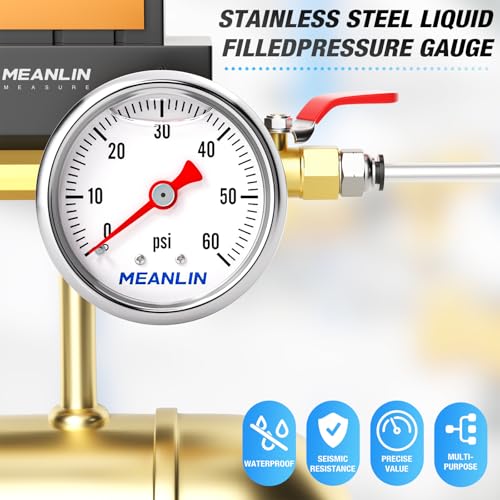 MEANLIN MEASURE 0~60Psi Stainless Steel 1/8" NPT 1.5" FACE DIAL, Glycerin Filled Pressure Gauge, Liquid Filled, Water Oil Air, Back Mount, with 1/4" NPT and 3/8" NPT Hex Bushing - size: 0-60Psi