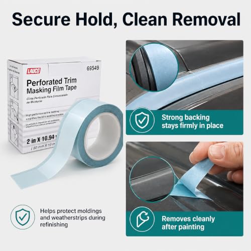 LAUCO Perforated Trim Masking Tape 69549, Molding Paint Protection, Trim Lifting Tape, Hand Tearing, 10 mm Hard Band, 50 mm x 10 m Auto Body Masking Film with High-Strength Backing 69549