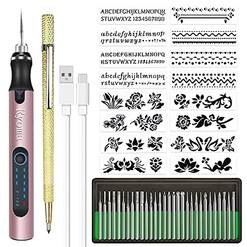 Rechargeable cordless Electric Micro Engraver Pen Mini DIY Engraving Tool Kit for Metal Glass Ceramic Plastic Wood Jewelry with 30 Bits and 16 Stencils and 1 Scriber Pen - color: Rosegold