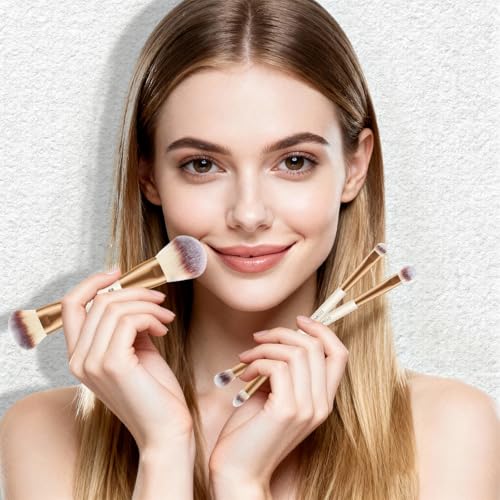 HEYMKGO Makeup Brushes Set, 6Pcs Double-ended Foundation Contour Concealer Powder Eyeshadow Brush for Liquid, Cream, Powder for Blending Buffing Professional Face Brush Set Tools(Apricot)