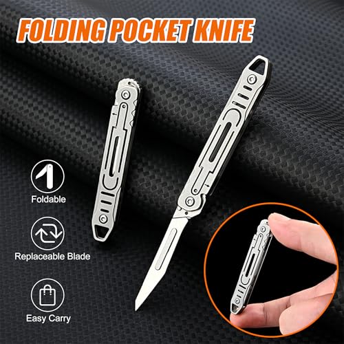 Folding Scalpel Knife-Small Keychain Knife Compact EDC Tool with 11 Replaceable Scalpel Blades-Stainless Steel Pocket Cutter for Packages,Boxes,Ropes&Crafts