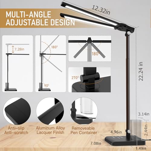 Retractable Dimmable LED Desk Lamp with USB Charging Port Desk Light - color: Pure Black
