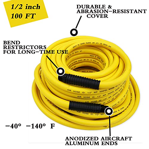 1/2"x100FT AIR HOSE 1/2' WP 300PSIMNPT Fittings Heavy Duty, Lightweight Air Compressor Hose - size: 1/2"x100FT