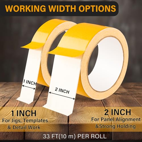 Double Sided Woodworking Tape, 1 & 2 Inch x 33 FT, 2 Rolls Residue-Free, Removable Strong Double Sided Tape for Woodworking, Double Sided Masking Tape for Wood Template, Edge Banding, Anchoring