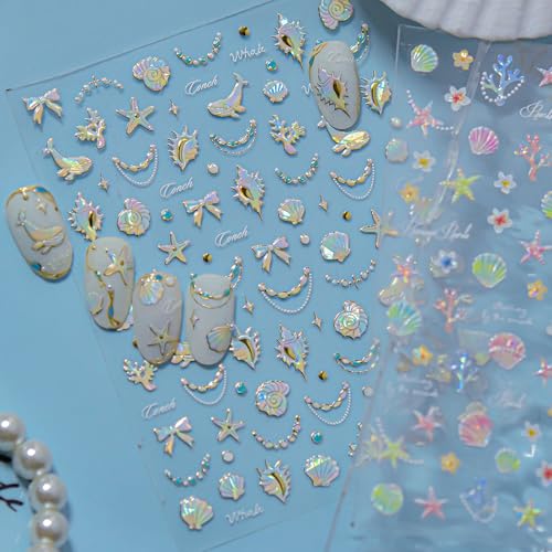 1 Sheet Starfish Nail Art Stickers Holographic Laser Summer Nail Stickers Shiny Shell Light 5D Embossed Starfish Nail Decals Marine Life Dolphin Conch Nails Design Ocean Beach Nail Supplies for Women - style: conch