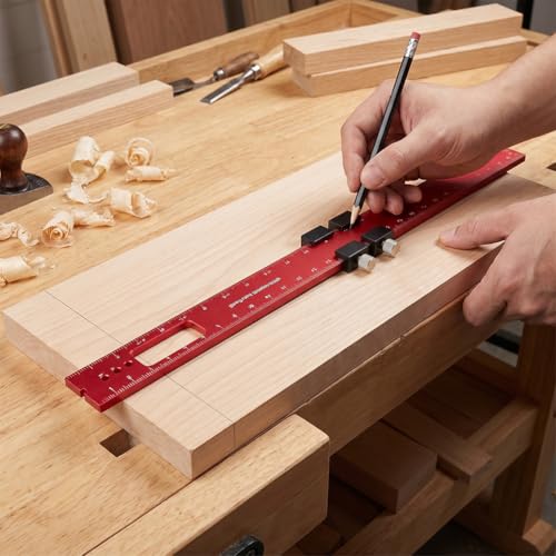 3-Piece Aluminum Alloy Positioning Ruler Set, Woodworking Marking Measuring Tool, Angle & Scribing Ruler Gauge 16/20/30cm, Red