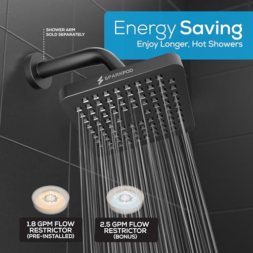 SparkPod Rain Shower Head, 6 Inch Square, Midnight Black Matte Finish - color: Midnight Black Matte, style: 6 Inch Square