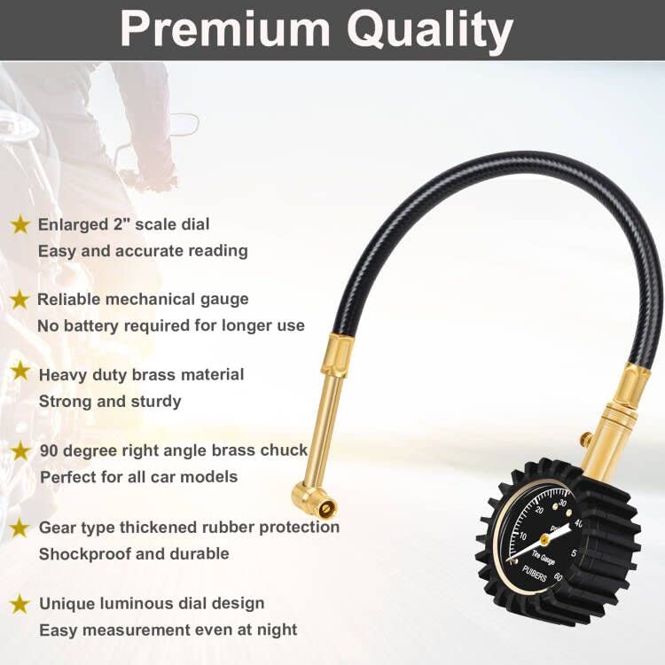 Motorcycle Tire Pressure Gauge 60 PSI, PUIBERS 2’’ dial Mechanical Tire Gauges with 90 Degree Right Angle Chuck Flexible Hose, Tires Guages for Pressure Glow in The Dark for Cars, Motos, Bicycles - size: 60PSI Motorcycle