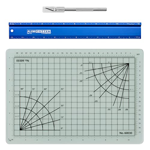 Alumicolor Cut-and-Measure Set w/Hobby Blade, Self-Healing Mat & AlumiCutter Ruler, 12IN, Blue - color: Blue