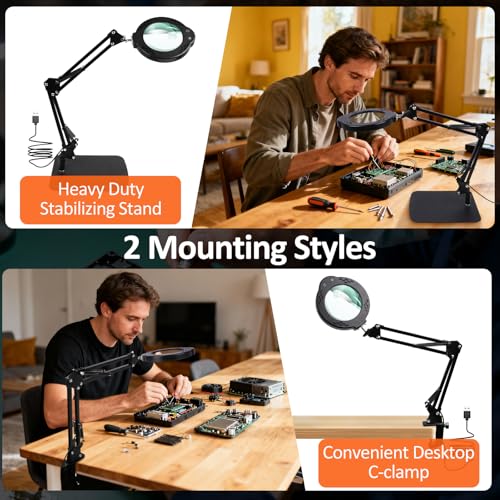 30X 10X Magnifying Glass with Light and Stand, Real Glass Lens Magnifying Lamp, Hands-Free LED Desk Magnifier with 5 Color Modes, 3 Brightness Levels for Crafts, Reading, Sewing, Electronics & Jewelry - color: Base & Clamp