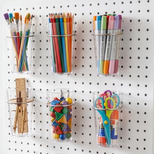Pegboard Cups With Loops 6 Pack Peg Board Organizer Pencill Holders (Clear) - color: Clear