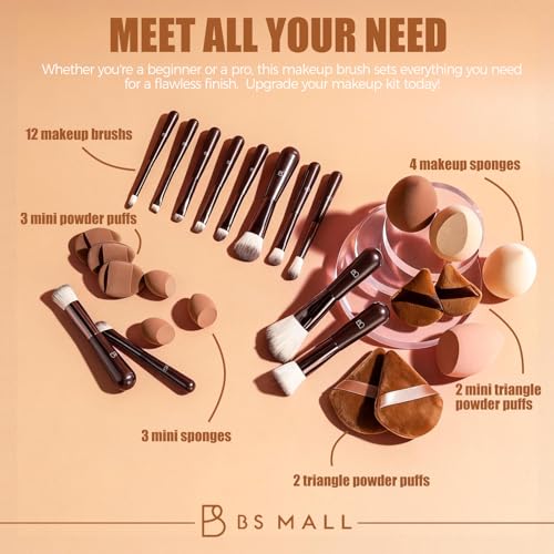 Travel Makeup Brush Set BS-MALL Makeup Sponges - Includes Foundation Brush, Powder Puff, Finger Sponges & Triangle Puffs For Soft Daily Use Professional 26 Pcs