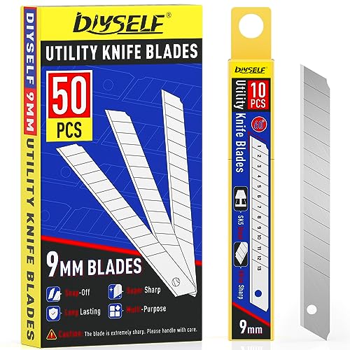 DIYSELF 50Pcs 9mm Utility Knife Replacement Blades, Snap Off Blades for 9MM Universal Box Cutters (60°) - size: 50-Pack(60°)