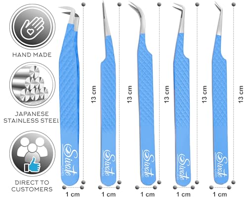 Lash Tweezers for Eyelash Extensions, Pack of 5, Blue, Diamond Grip - color: Blue, size: (Pack of 5)